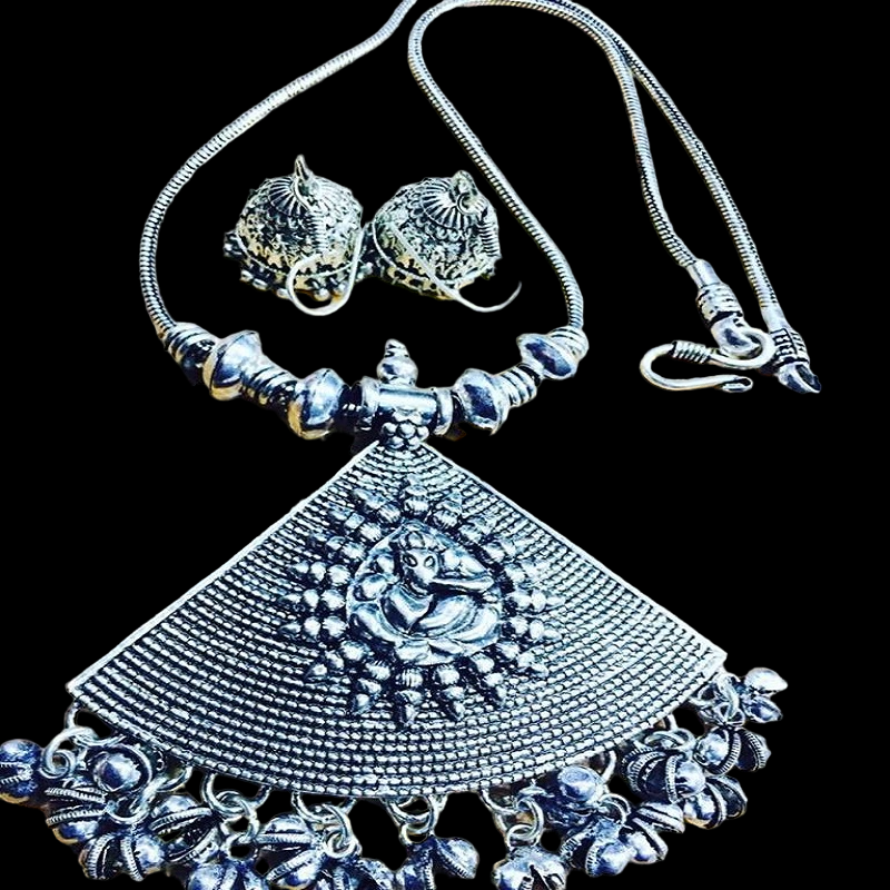 German Silver Triangle Ganesh Pendant With Jhumkas