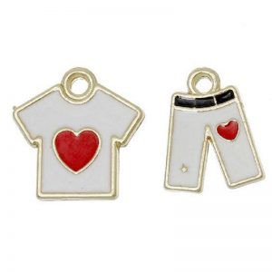 White Gold Plated Enamel T-Shirt & Pants With Red Heart Charm