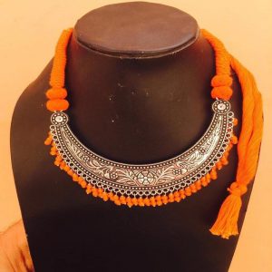 Crescent Shape Pendant And Orange Rope Necklace