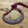 Crescent Shape Pendant And Dark Pink Rope Necklace