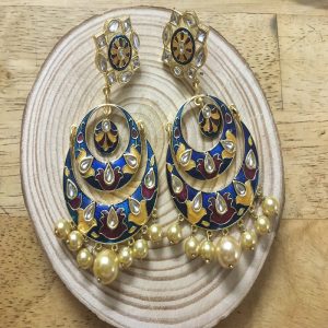 Ethnic Blue, Maroon and Yellow Enamel Chandbali Earrings