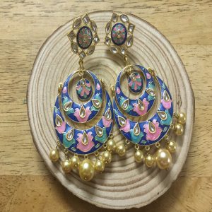 Ethnic Blue, Pink and Teal Enamel Chandbali Earrings