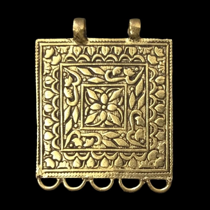 Gold Pendant -  Square With Flower