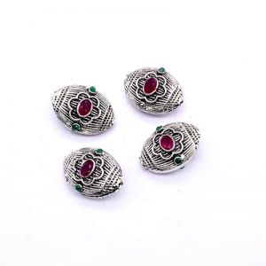 Victorian Beads - Oval  Pink With Green Stone