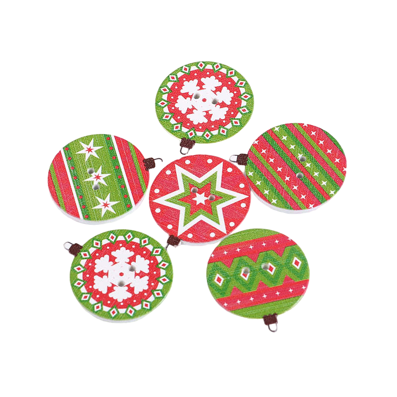 Green And Red Christmas Baubles Wooden Buttons