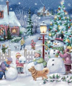 Snowman And Children Playing In Winter Town Decoupage Napkin