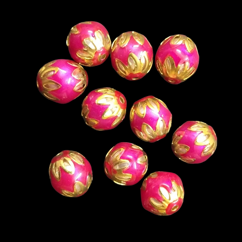 Round Meenakari Beads - Hot Pink