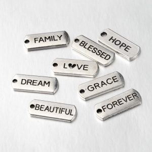 Silver Alloy Rectangle Word Charms Set