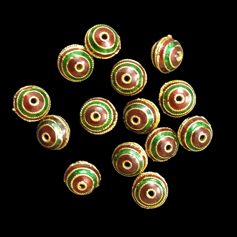 Round Meenakari Beads - Green With Maroon