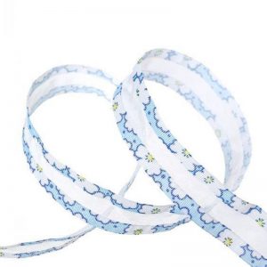 Organza & Grosgrain White & Blue Flower Pattern Ribbon
