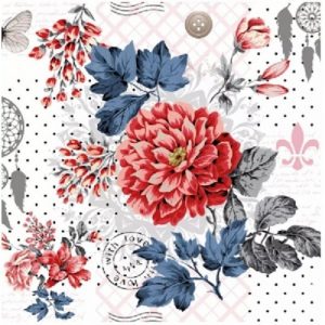 Red Flower In White Background With Grey Leaves Decoupage Napkin
