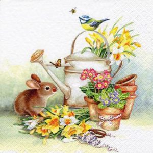 Rabbit With Flower Pots Decoupage Napkin