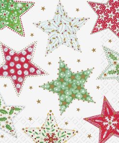 Red, Green & White Printed Stars Decoupage Napkin