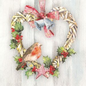 Robin In Heart With Christmas Bell Decoupage Napkin