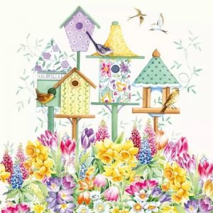Mixed Colour Bird House & Flowers Decoupage Napkin