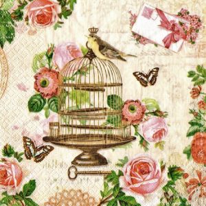 Bird In A Cage With Roses And Butterfly Decoupage Napkin