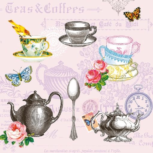 Vintage Rose With Kettle In Pink Decoupage Napkin