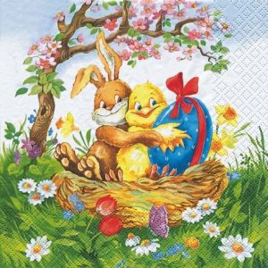 Bunny, Chick With Easter Egg In Basket Decoupage Napkin