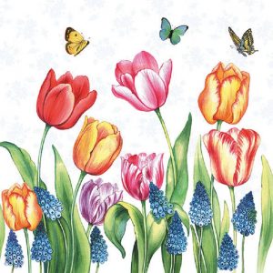 Mixed Colour Tulip Flowers And Butterflies Decoupage Napkin