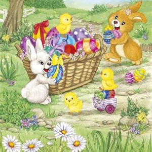 Bunnies With Chicks And Easter Eggs In Basket Decoupage Napkin
