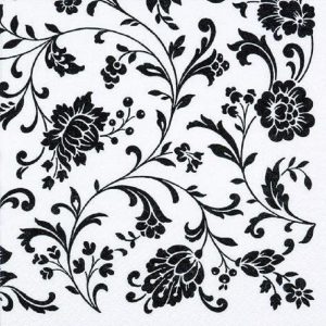 Black Flowers On White Background Decoupage Napkin