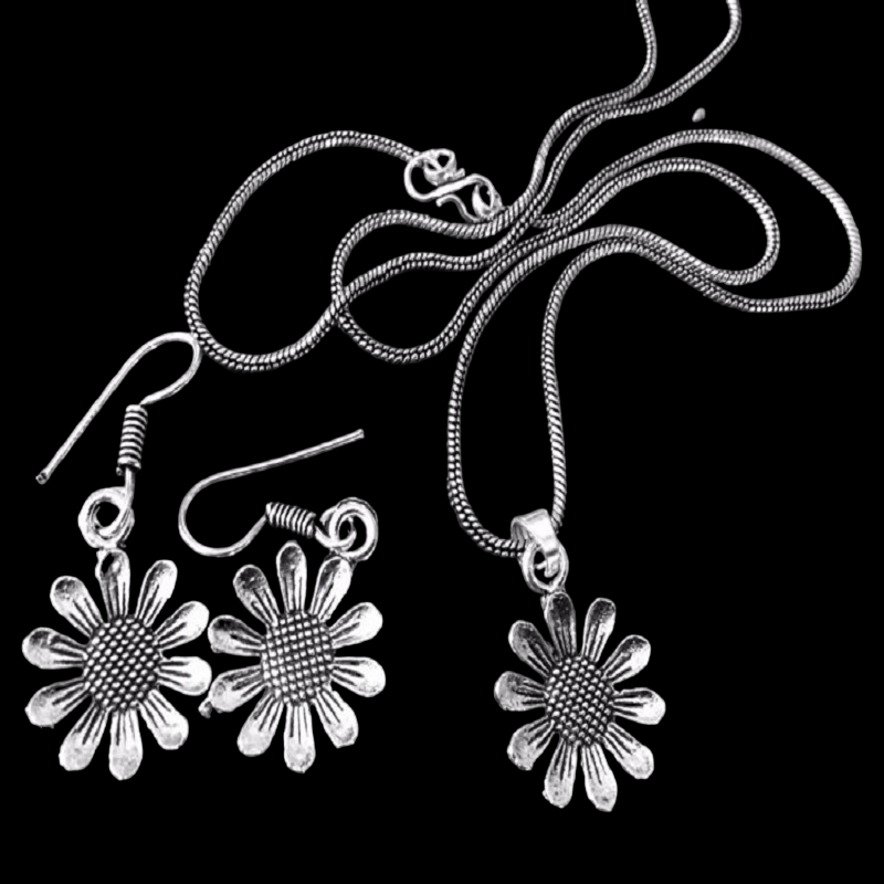 Sunflower German Silver Pendant With Hanging Earring