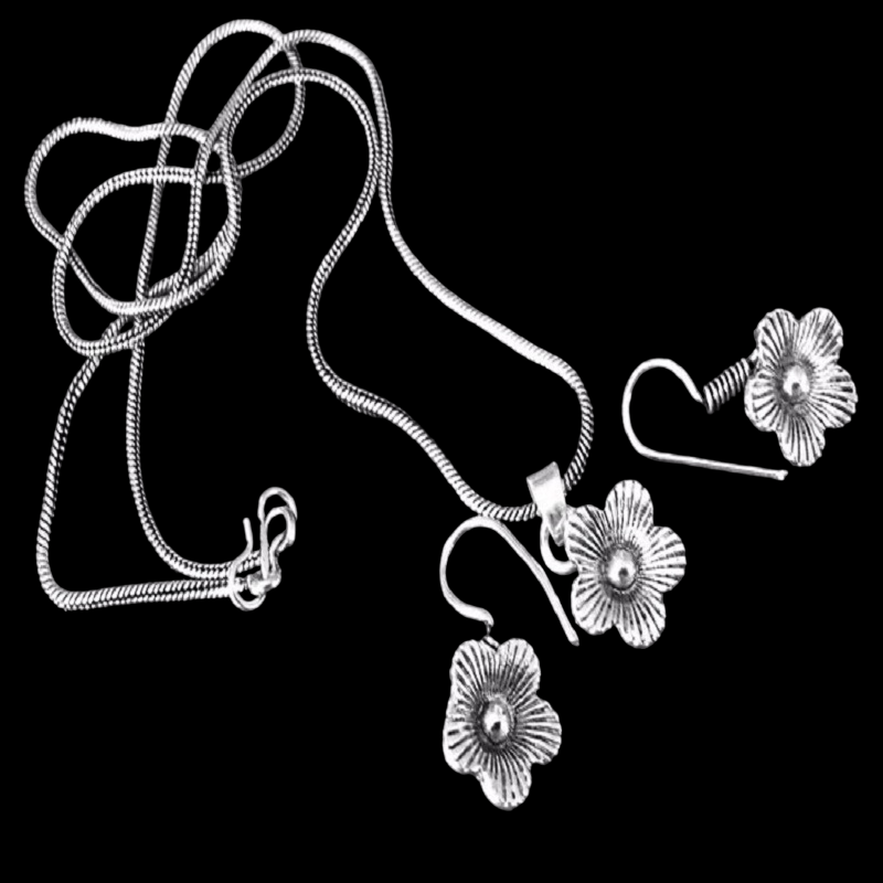 Five Petal Flower German Silver Pendant With Hanging Earring
