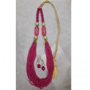 Adjustable Rope With Kundan Beads Necklace - Pink