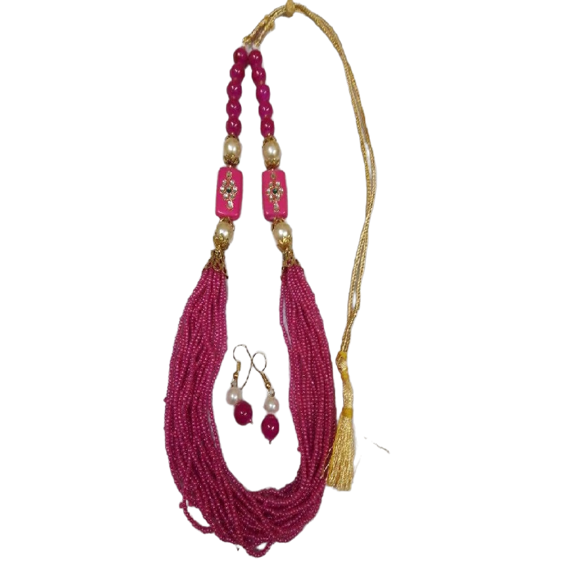 Adjustable Rope With Kundan Beads Necklace - Pink