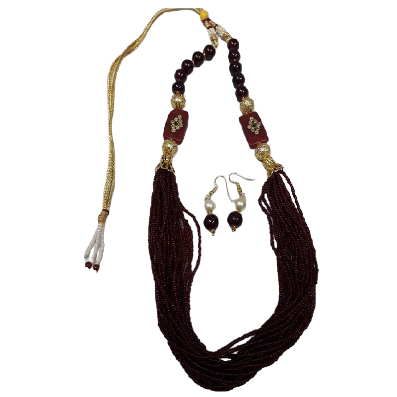 Adjustable Rope With Kundan Beads Necklace - Brown