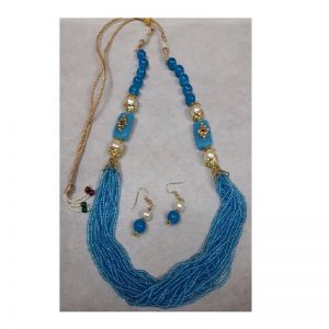 Adjustable Rope With Kundan Beads Necklace - Sky Blue
