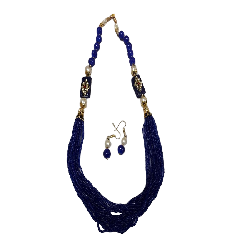 Adjustable Rope With Kundan Beads Necklace - Blue