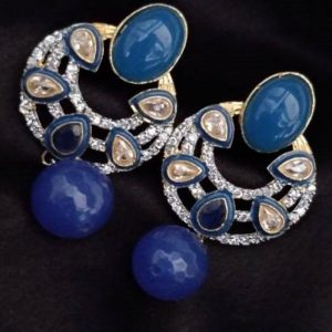 Chandabhali Style Earring - White Stone With Blue Pearl