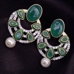 Chandabhali Style Earring - White Stone With Green And White Pearl