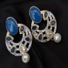 Chandabhali Style Earring - White Stone With Blue And White Pearl