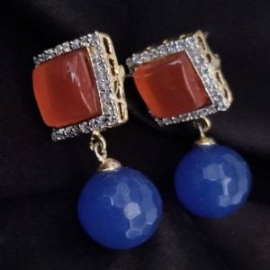 Square Pattern Earring - Brown With Blue Pearl And White Stone
