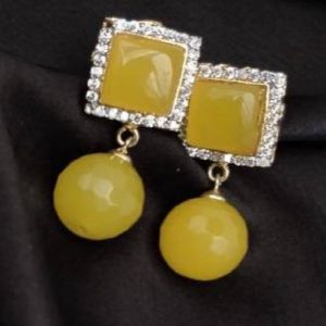Square Pattern Earring - Yellow Pearl With White Stone