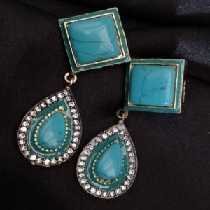 Rhombus Pattern Earring - Turquoise Blue Pearl With White Stone