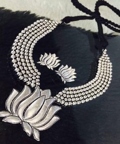 German Silver Lotus Pendant And Stud With Contrast Rope