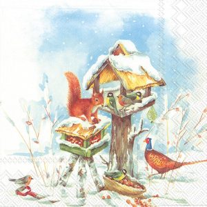 Snow Birdhouse With Squirrel And Peacock Decoupage Napkin