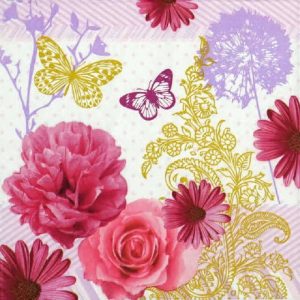 Bunch Of Pink Flowers And Butterfly Decoupage Napkin