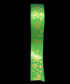 Green Satin Gold Print Snowflake Ribbon
