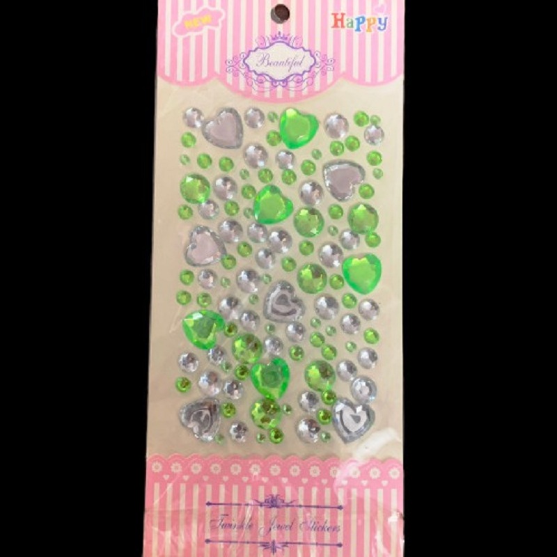 Self Adhesive Round & Heart Green & White Color Stone Sticker
