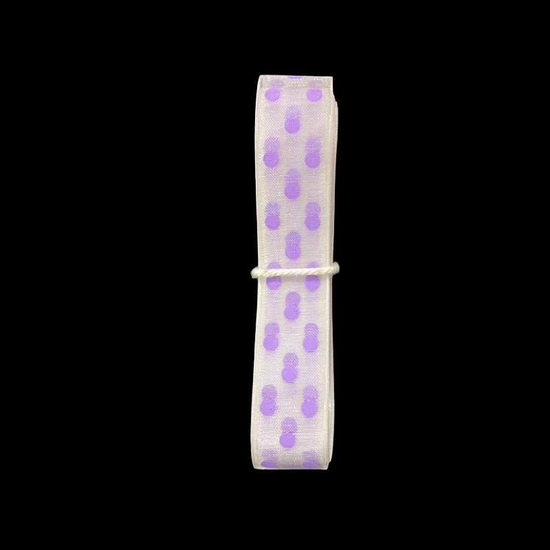 Polka Dot Printed Organza Ribbon – White With Lavender