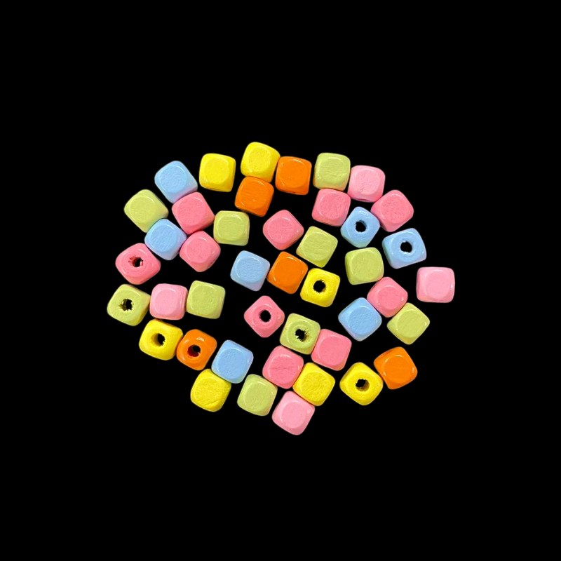 Mixed Colour Square Shape Wooden Beads - 10 mm