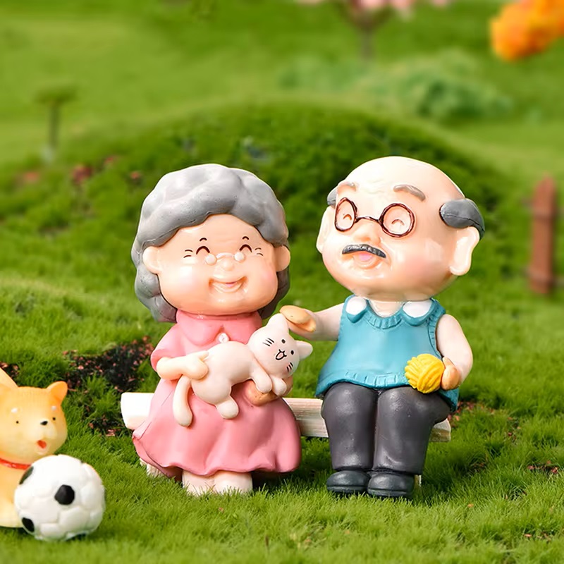 Miniature Grandpa And Grandma With Cat