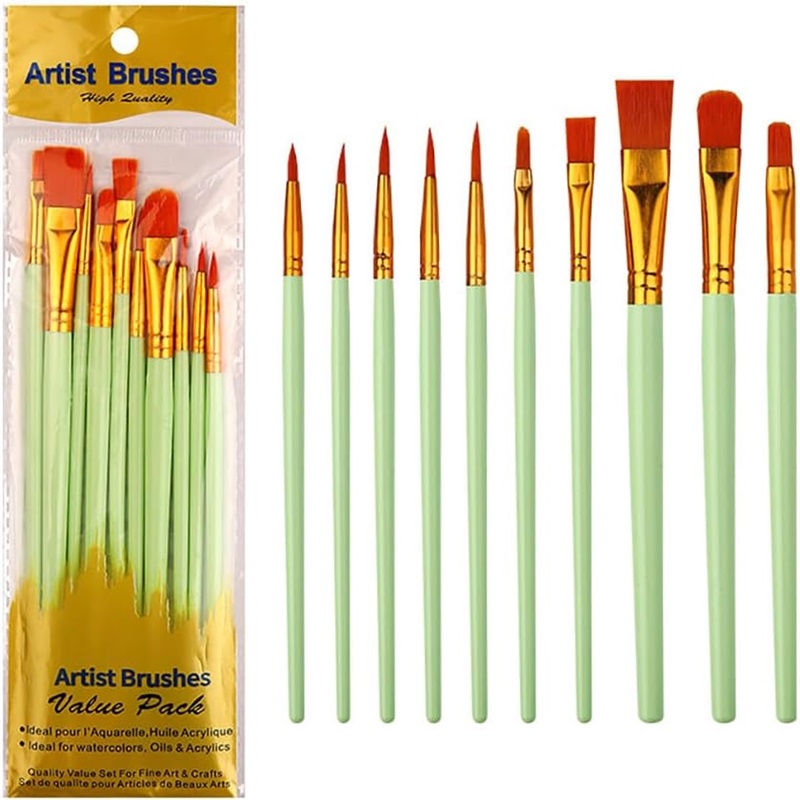 Set Of Ten Painting Brushes With Nylon Plastic Handle