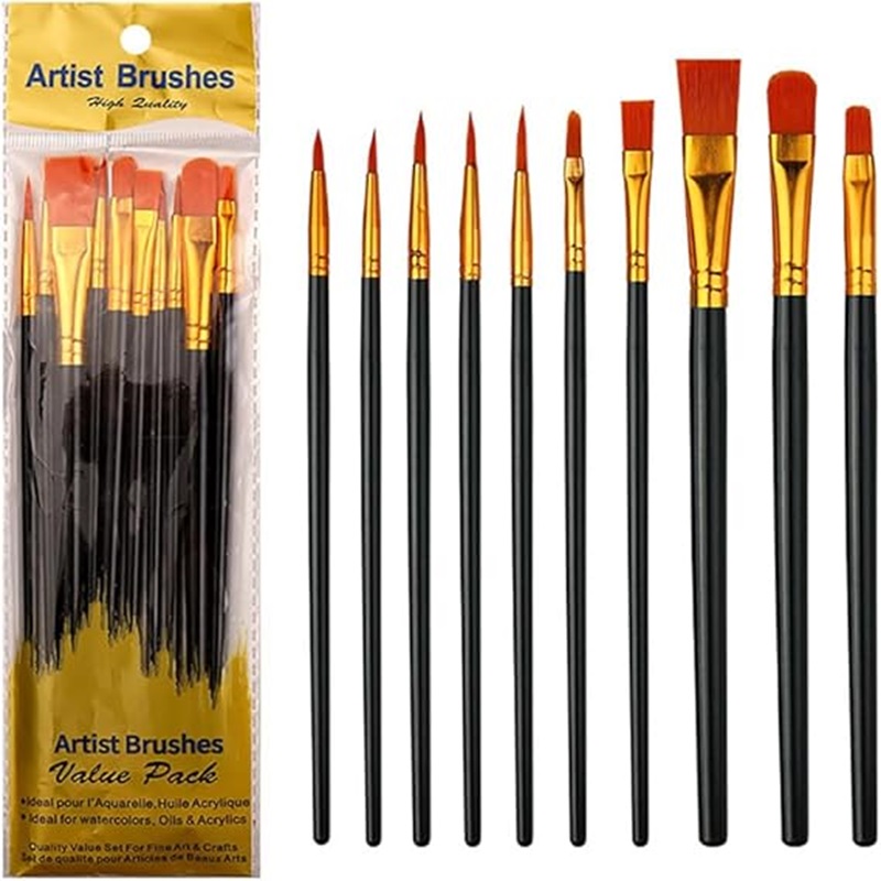 Set Of Ten Painting Brushes With Nylon Plastic Handle