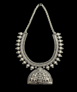 German Silver Goddess Lakshmi Pendant Necklace With Elephant Carvings