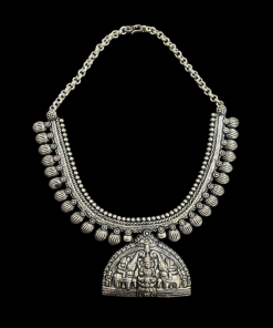 German Silver Goddess Lakshmi Pendant Necklace With Elephant Carvings